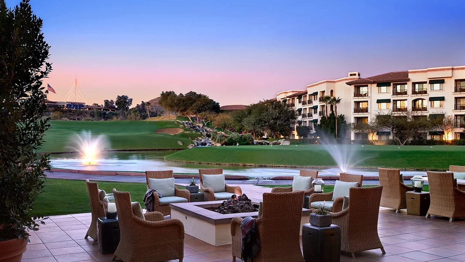 Sunset patio with fire pit and lake